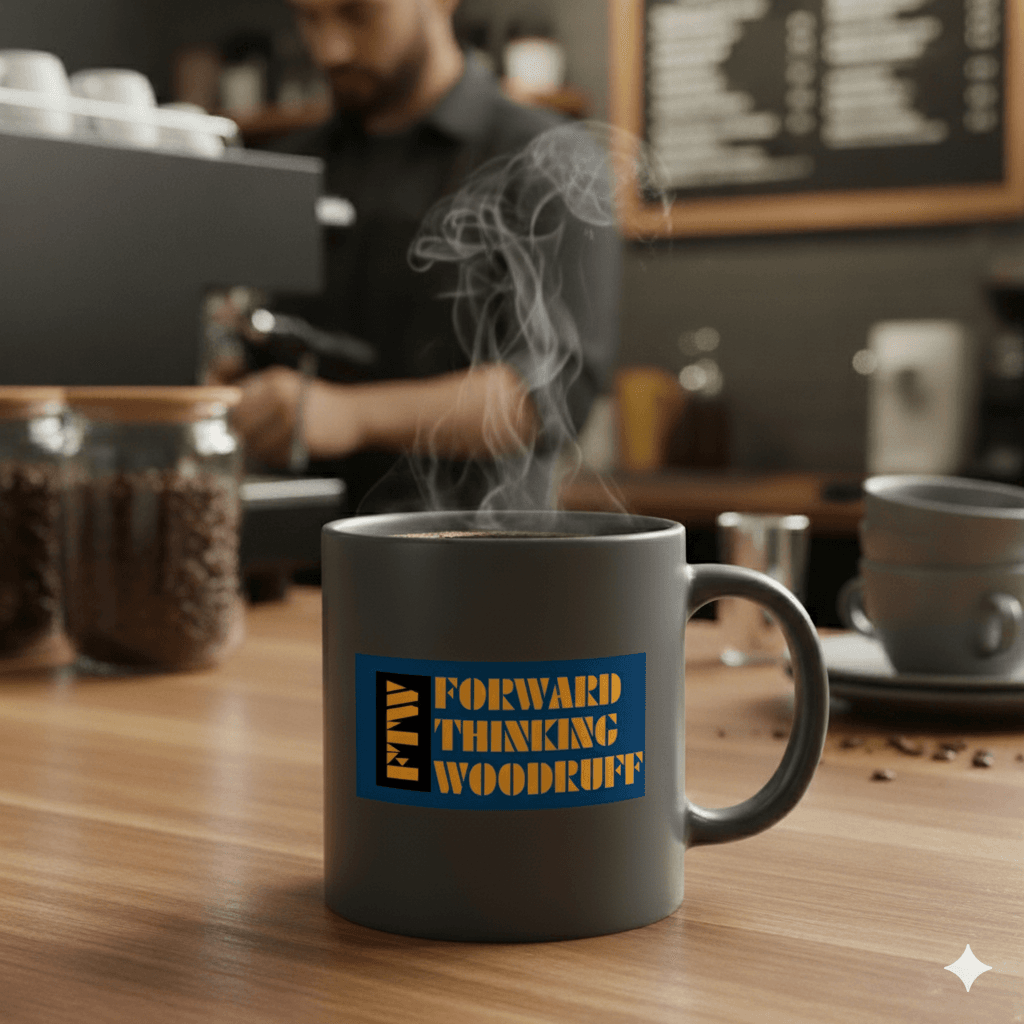 A steaming dark gray mug with a blue and orange "FORWARD THINKING WOODRUFF" logo sits on a wooden counter. In the blurred background, a barista is preparing a drink at an espresso machine, with jars of coffee beans and stacked mugs also visible.
