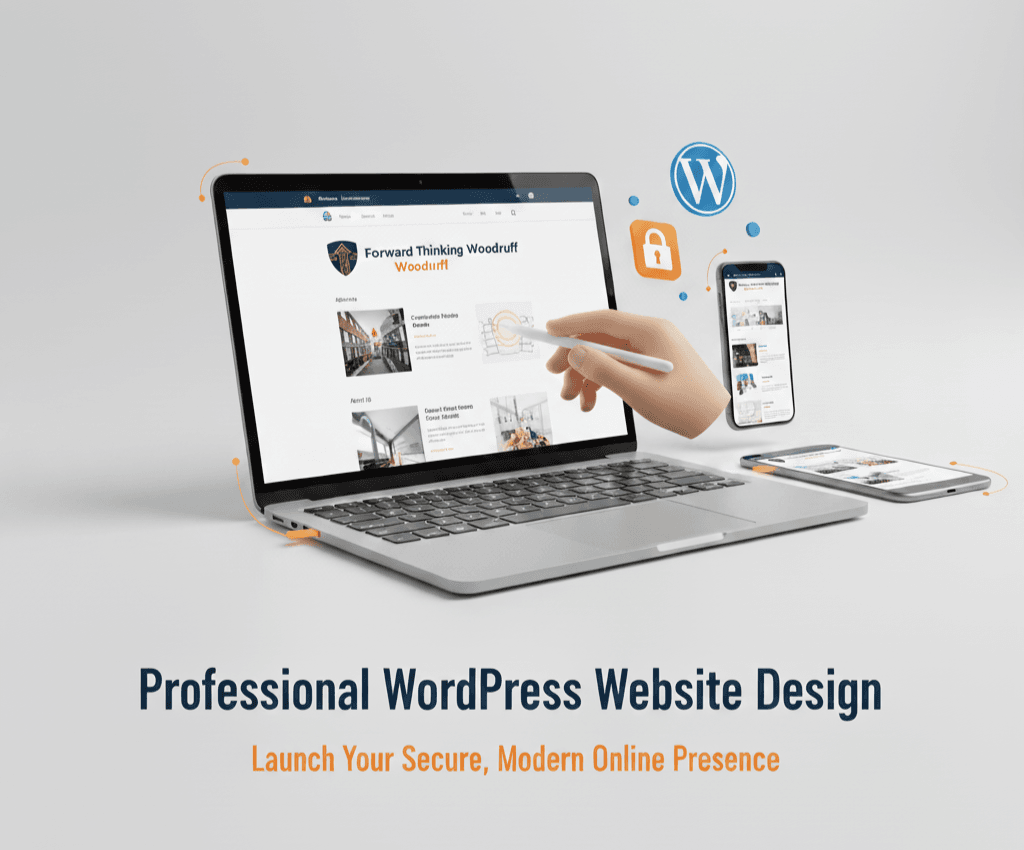 A marketing image for "Professional WordPress Website Design." A silver laptop displays a website with "Forward Thinking Woodruff" text. A hand with a stylus points at the laptop screen. A smartphone and another tablet lie next to the laptop, both showing website content. Above, a blue WordPress logo and an orange padlock icon are visible. The text at the bottom reads: "Professional WordPress Website Design" and "Launch Your Secure, Modern Online Presence."