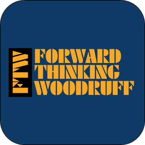 A square logo with rounded corners and black border has a dark blue background. On the left, a vertical black rectangle contains the orange letters "FTW" stacked from top to bottom. To the right, the words "FORWARD THINKING WOODRUFF" are stacked in three lines, also in orange.