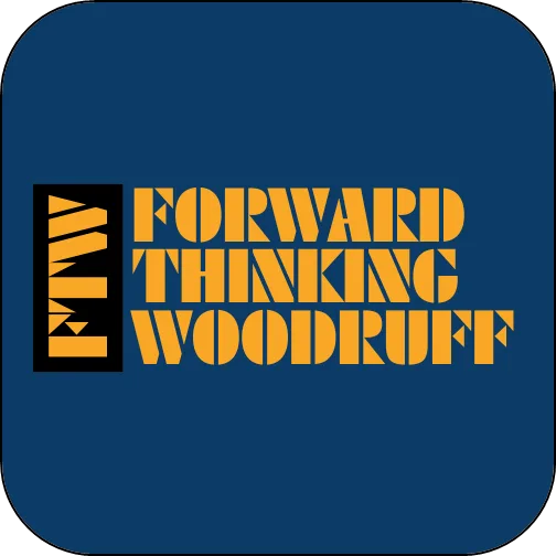 A square logo with rounded corners and black border has a dark blue background. On the left, a vertical black rectangle contains the orange letters "FTW" stacked from top to bottom. To the right, the words "FORWARD THINKING WOODRUFF" are stacked in three lines, also in orange.