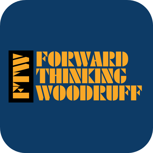 A square logo with rounded corners has a dark blue background. On the left, a vertical black rectangle contains the orange letters "FTW" stacked from top to bottom. To the right, the words "FORWARD THINKING WOODRUFF" are stacked in three lines, also in orange.