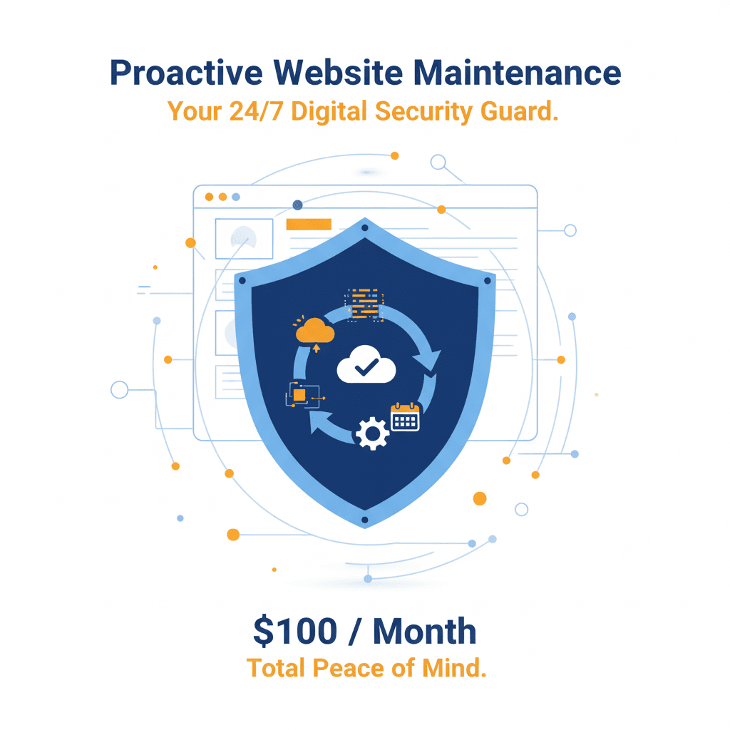 A blue security shield displaying the cycle of security protection, surrounded by golden circles symbolizing 24/7 proactive monitoring and maintenance.