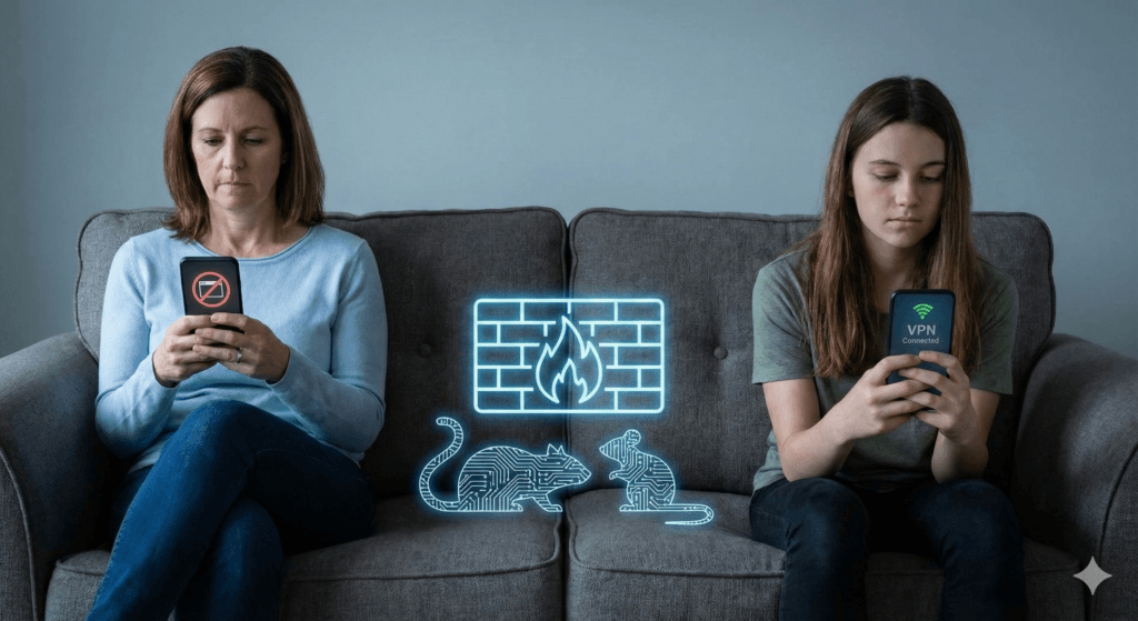 Two women are seated on a sofa, both looking at their smartphones. In the center, between them, glowing blue holographic images are overlaid: a brick firewall with a flame icon in the middle, and two stylized rat-like figures with circuit board patterns. The woman on the left has a "no access" symbol on her phone screen, while the woman on the right has a "VPN Connected" message displayed on her phone. The overall scene suggests a contrast between an insecure and a secure online connection, with the firewall and circuit rats representing network threats.